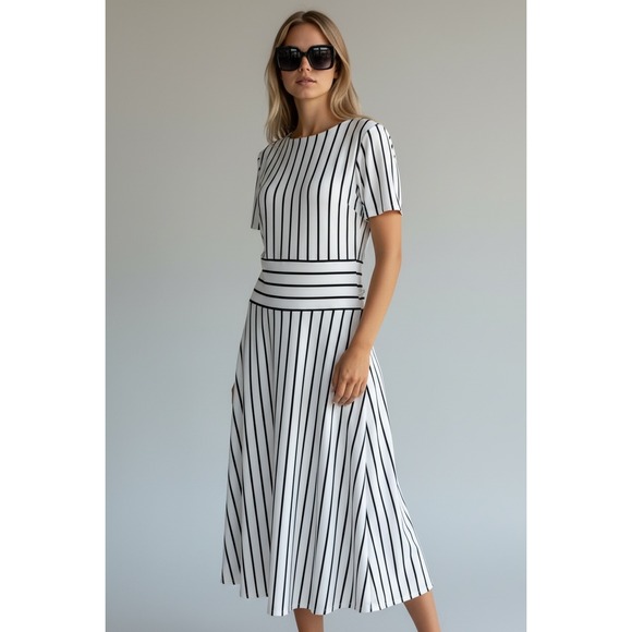 Lauren Ralph Lauren Dresses & Skirts - Lauren Ralph‎ Lauren Size 10 Black White Stripe Midi Dress Short Sleeve